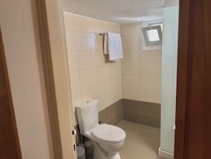 A bathroom with a toilet, a shower, and a window. - Elia Central Kos Old town (Kos)