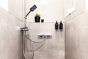 Un baño moderno con ducha de mano, una planta pequeña en maceta y dos botellas de champú y acondicionador en un estante.