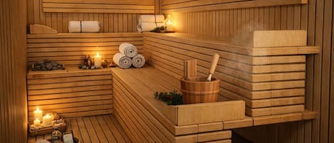 A wooden sauna with benches, candles, and a wooden bucket.