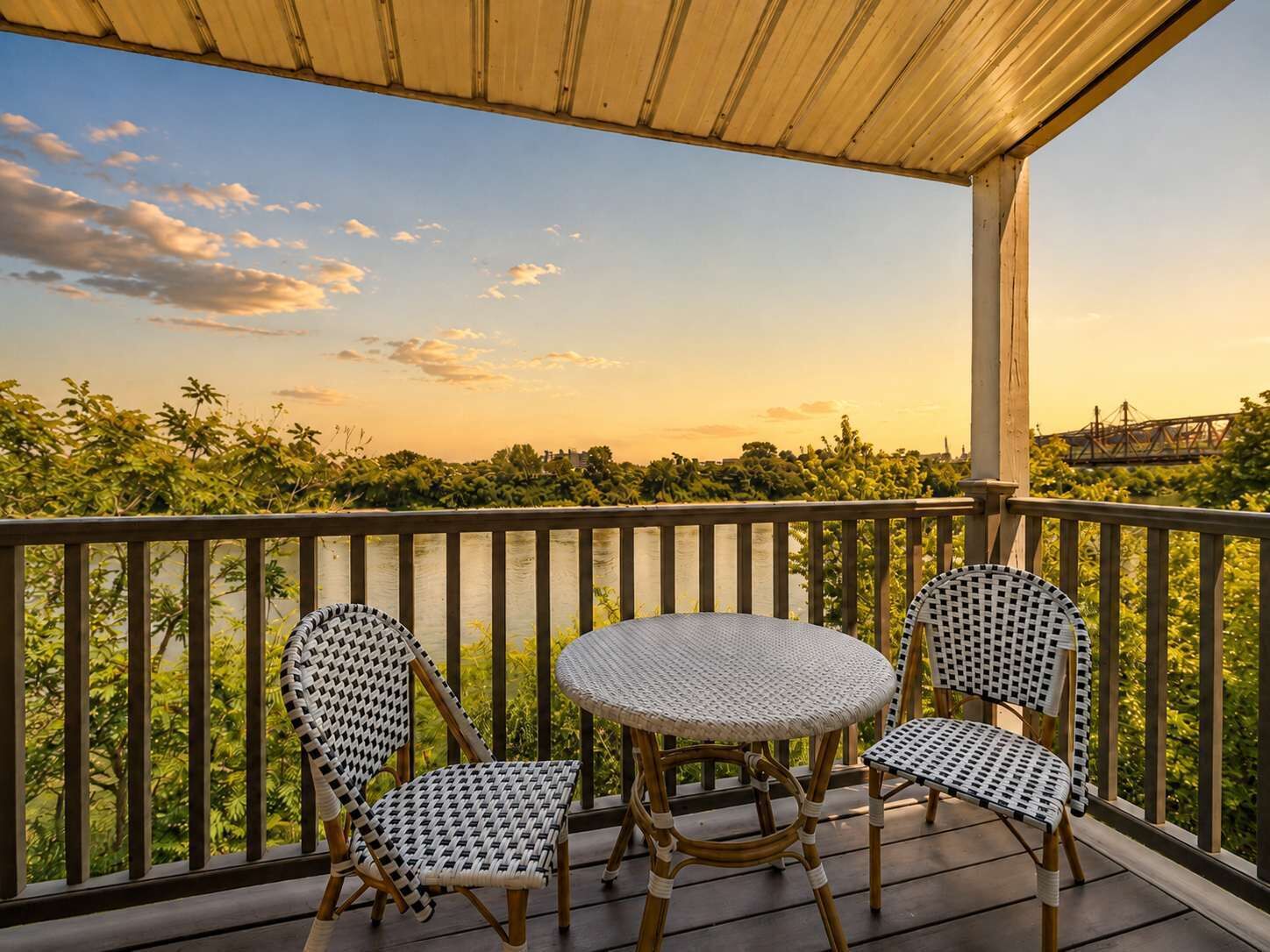 Ein Balkon mit Blick auf einen Fluss und Bäume, ausgestattet mit zwei Korbstühlen und einem kleinen runden Tisch.