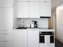 Una cocina compacta con lavamanos, tostadora, cafetera y horno.