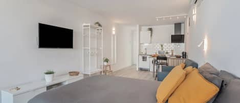 A modern bedroom with a large bed, a TV, a bedside table, and a small bedside plant.