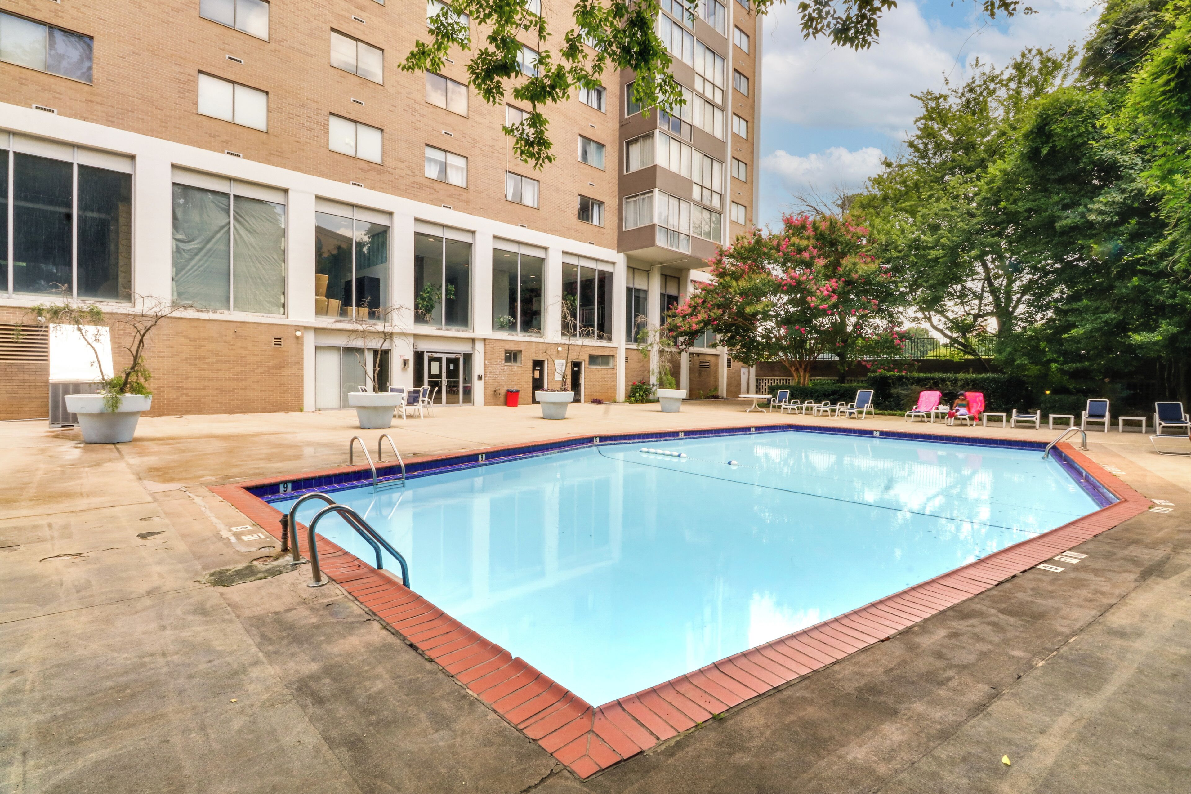 A rectangular swimming pool with a tiled edge, surrounded by a concrete deck.