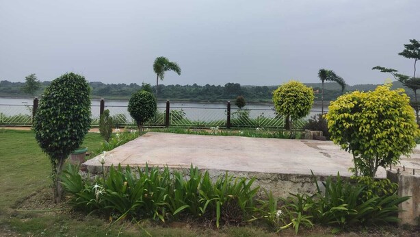 A landscaped area with a concrete platform, variously shaped topiary trees, and a body of water in the background.