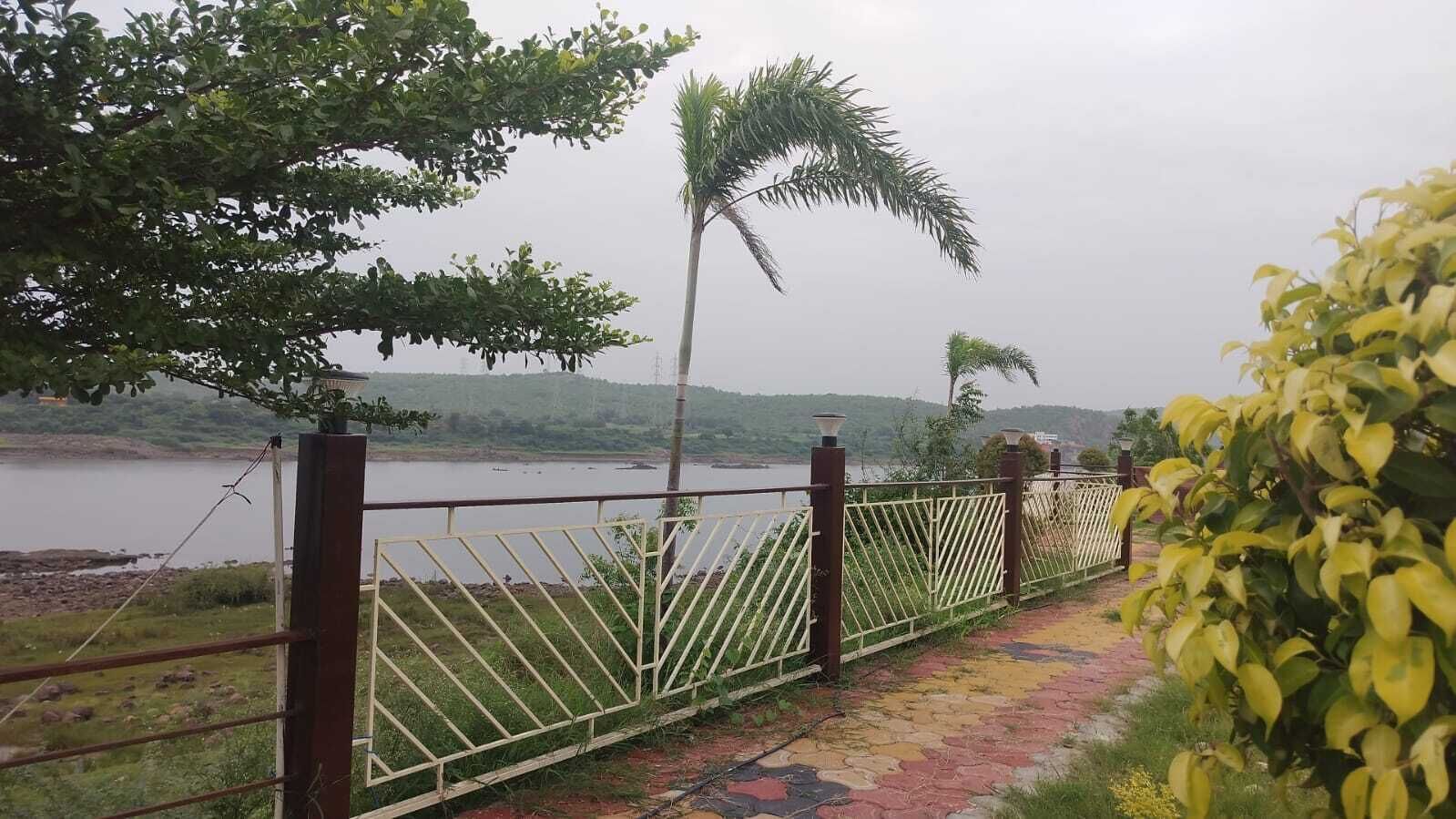 A paved pathway with a metal fence, a palm tree, and a body of water in the background.