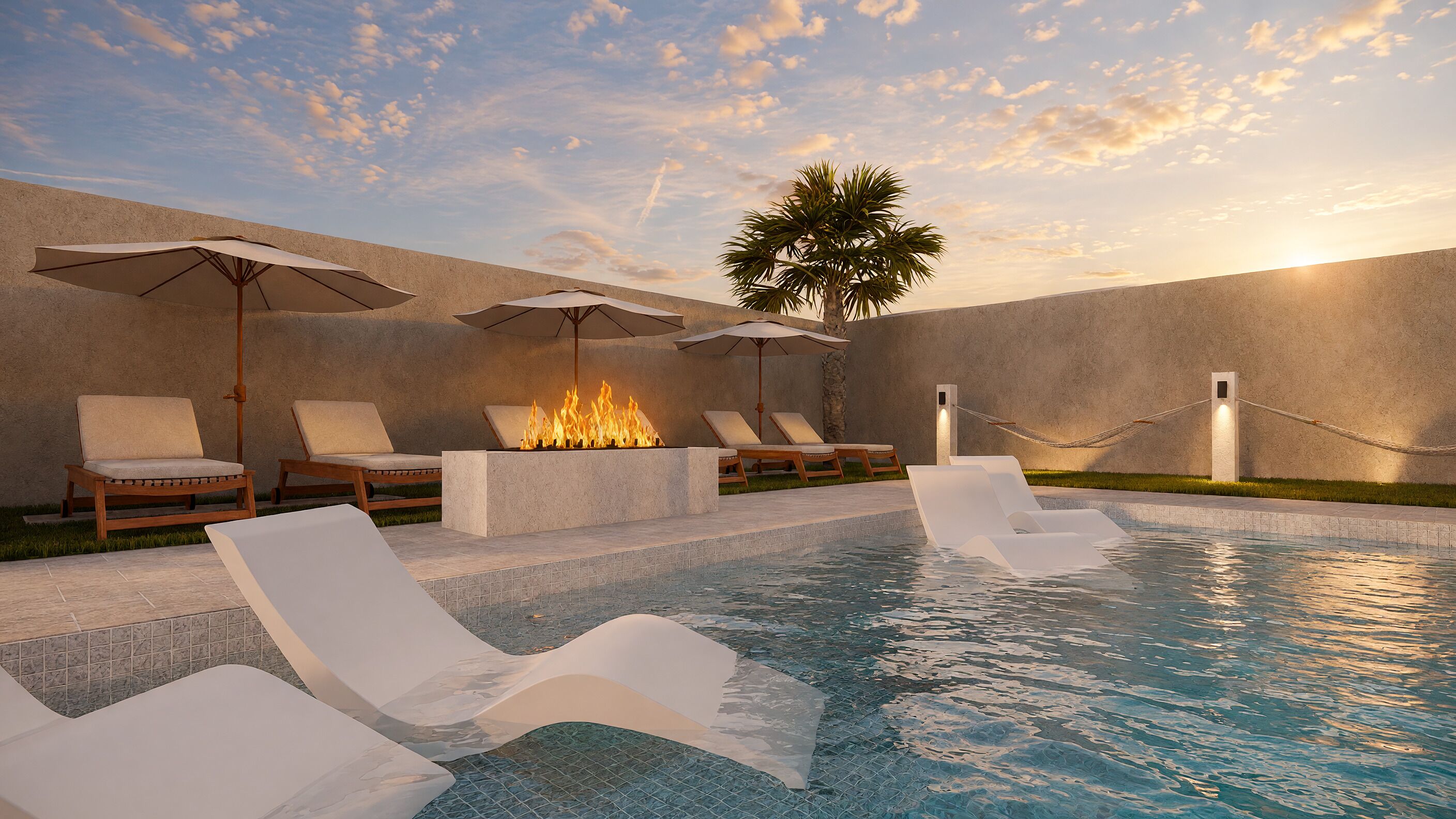 A poolside area with lounge chairs, umbrellas, and a fire feature.