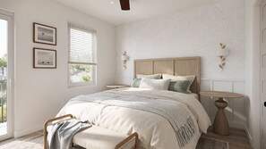 A bedroom with a bed, bedside tables, a chair, and a view of the outdoors. - SOL 30A | Walk to Beach • Private Pool + Hot Tub • Golf Cart (Santa Rosa Beach)