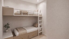 A bunk bed with a ladder, a bedside table with a vase, and a drawer unit. - SOL 30A | Walk to Beach • Private Pool + Hot Tub • Golf Cart (Santa Rosa Beach)