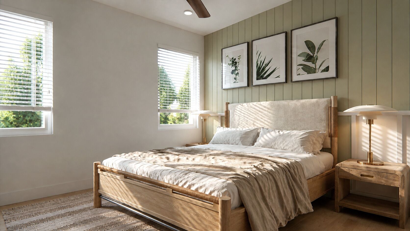 A bedroom with a wooden bed, bedside tables, and framed botanical prints on the wall.