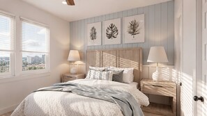 Ein Schlafzimmer mit einem Bett, Nachttischen, einem Fenster mit Jalousien und Wandbildern.