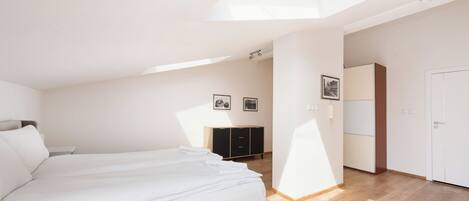 A bedroom with a skylight, a bed, a wardrobe, and a desk.