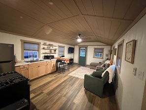 A spacious living area with a kitchen, a dining table, and a sofa.