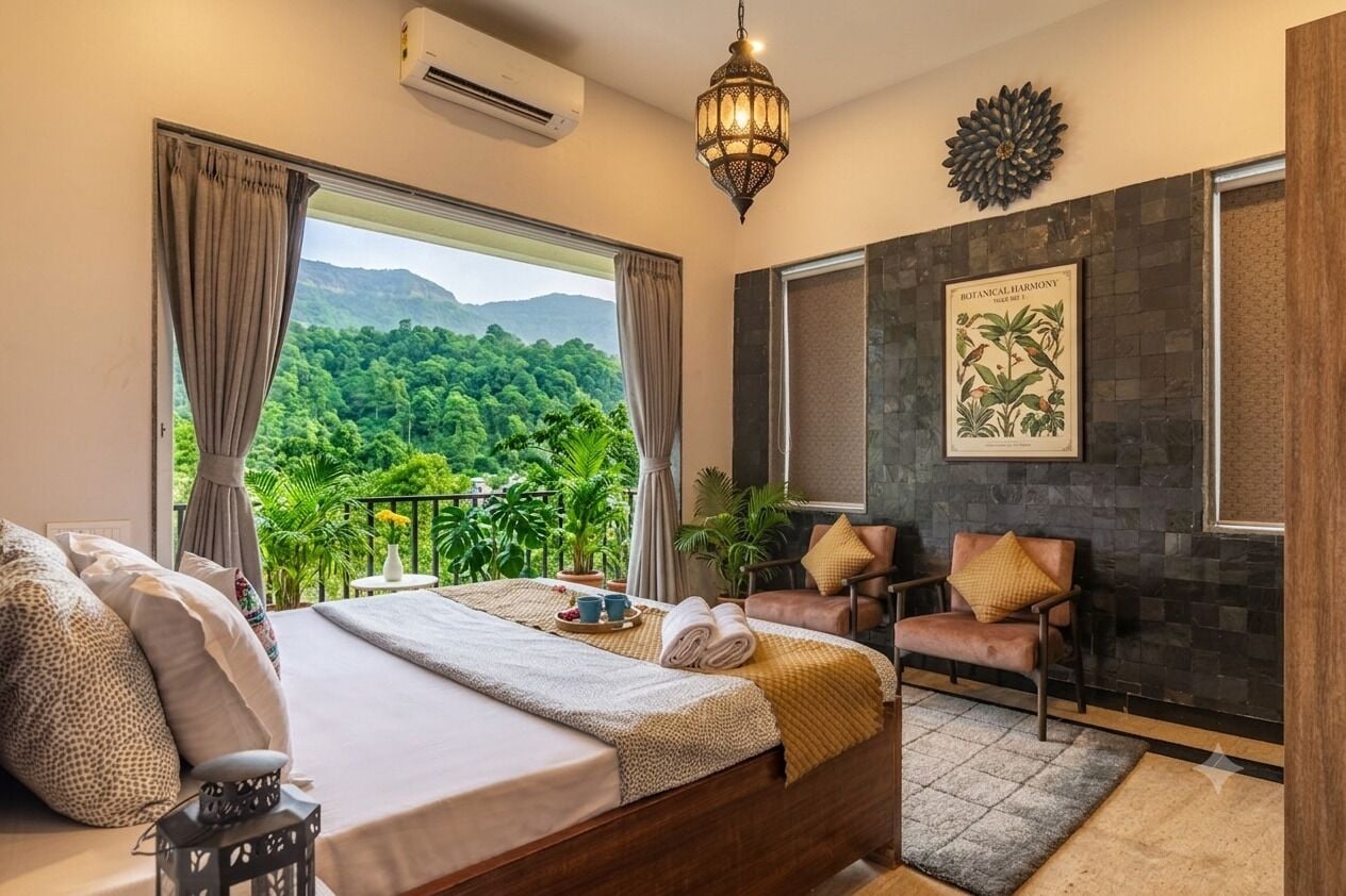 A bedroom with a large bed, a chair, a view of greenery, and a wall-mounted air conditioner.