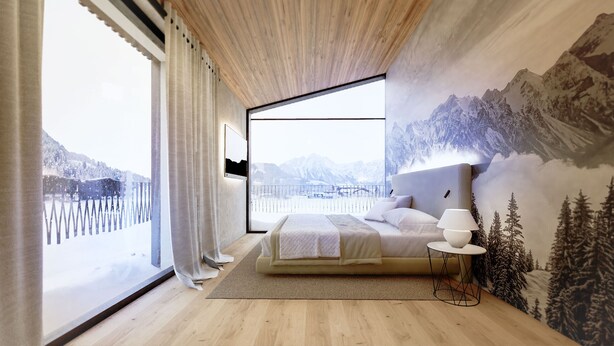 A bedroom with a large window, a bed, a bedside table, and a wall mural of mountains. - Superior Apartment # C3 with 2 bedrooms and sauna (Söll)