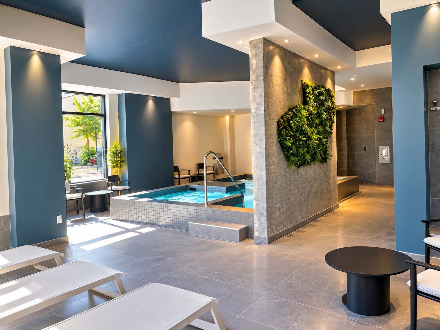 A modern indoor pool area with a clear pool, seating, and a wall-mounted plant.