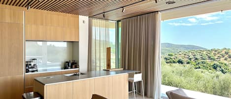 A modern kitchen with a central island, dining area with chairs, and a large window offering a view of a hilly landscape.