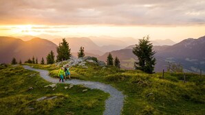 Un sentiero sterrato serpeggia attraverso un paesaggio erboso, con montagne sullo sfondo.