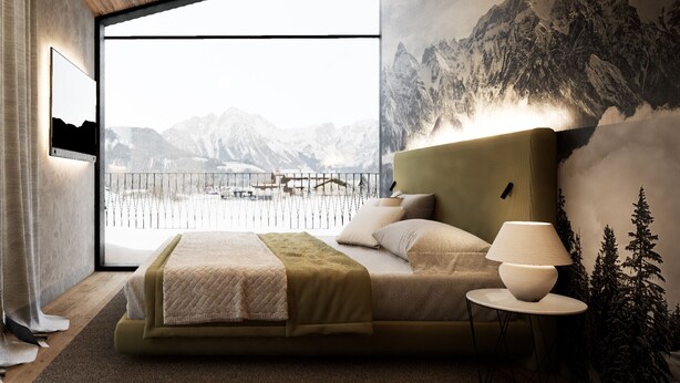 Ein modernes Schlafzimmer mit einem großen Bett, einem Nachttisch, einer Lampe und Blick auf verschneite Berge durch ein großes Fenster.