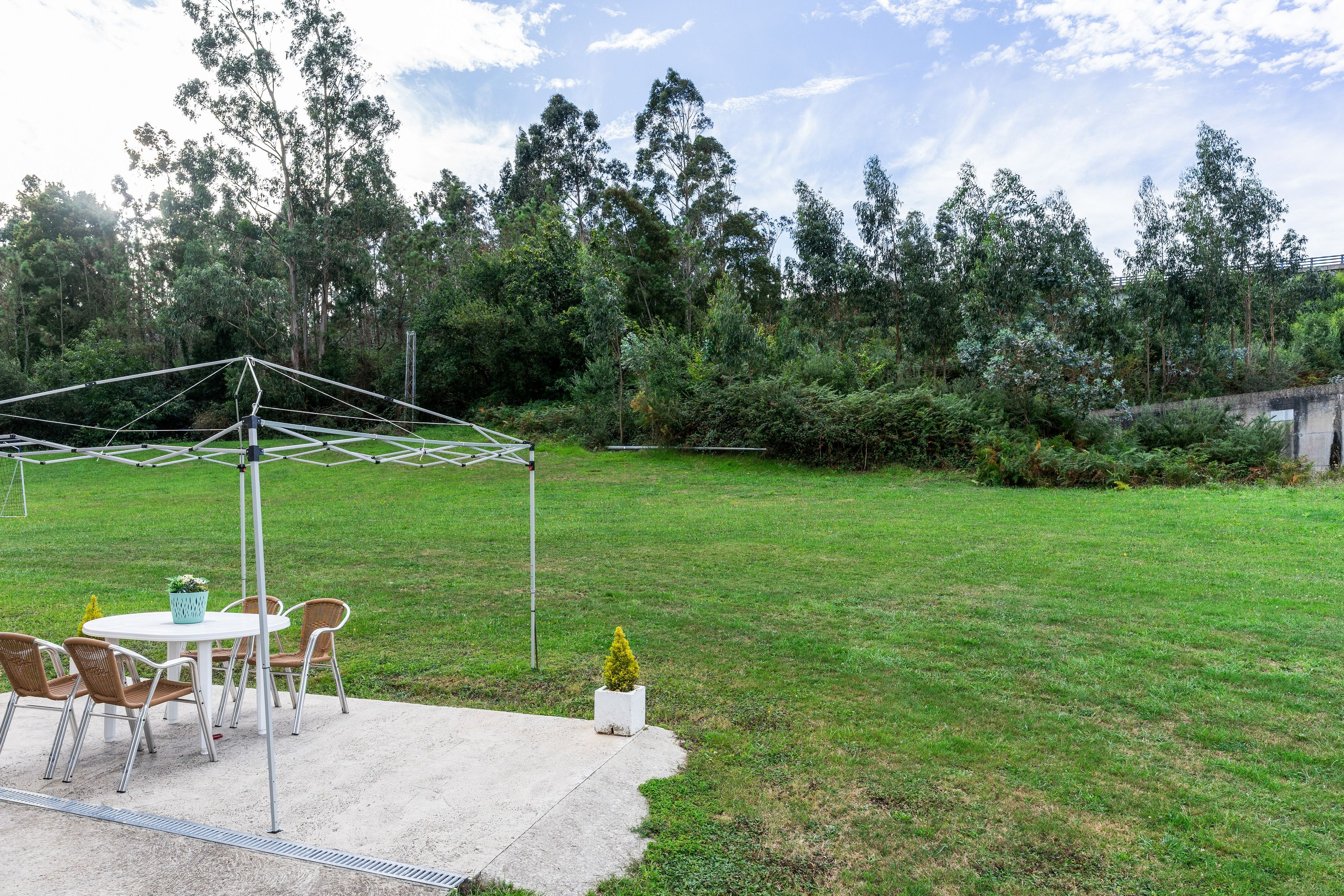 Un espacio de patio con una mesa y sillas, rodeado de césped y árboles.