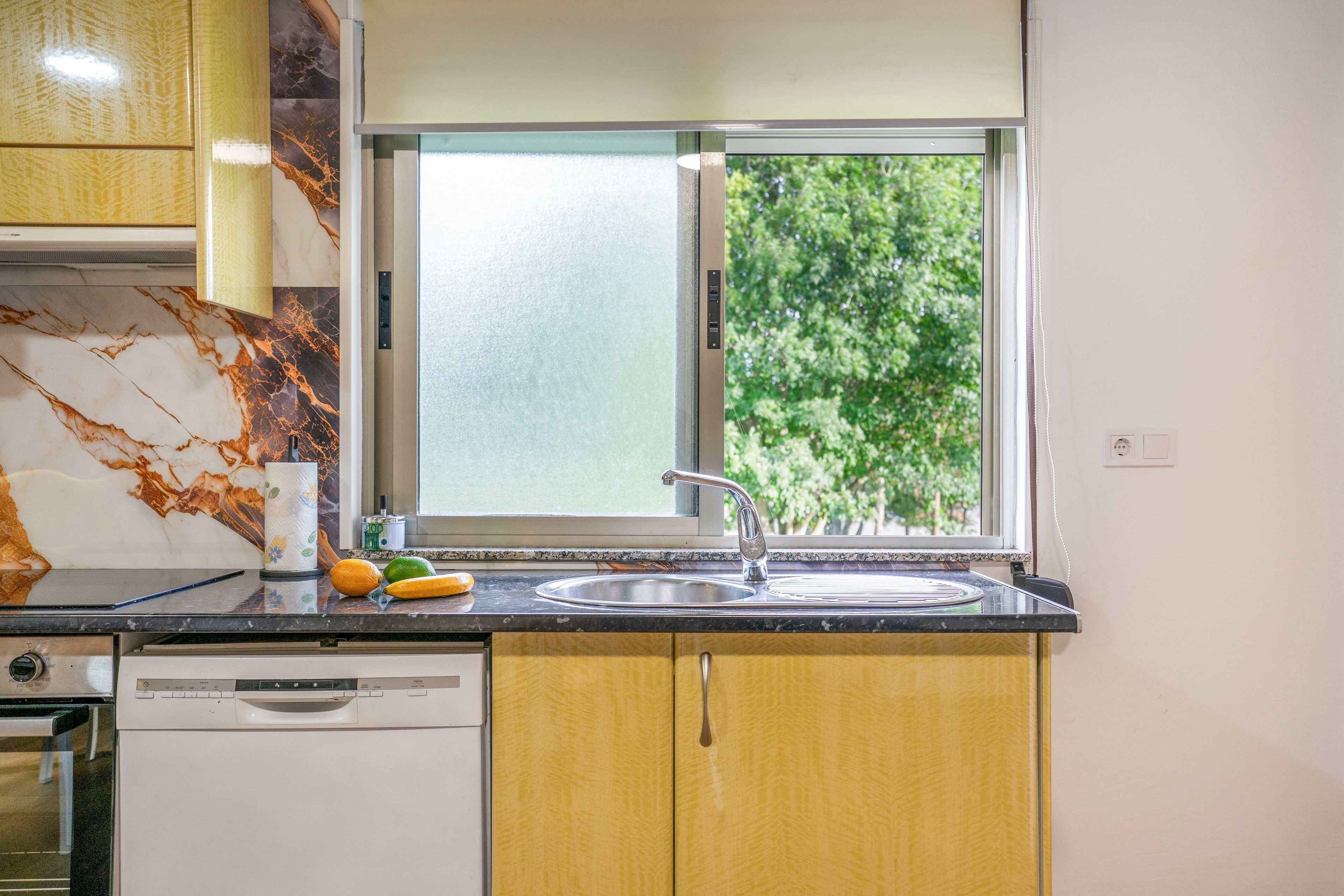 A kitchen with a window, a sink, and a dishwasher.