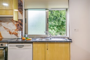 Una cocina con ventana, pileta y lavavajillas.