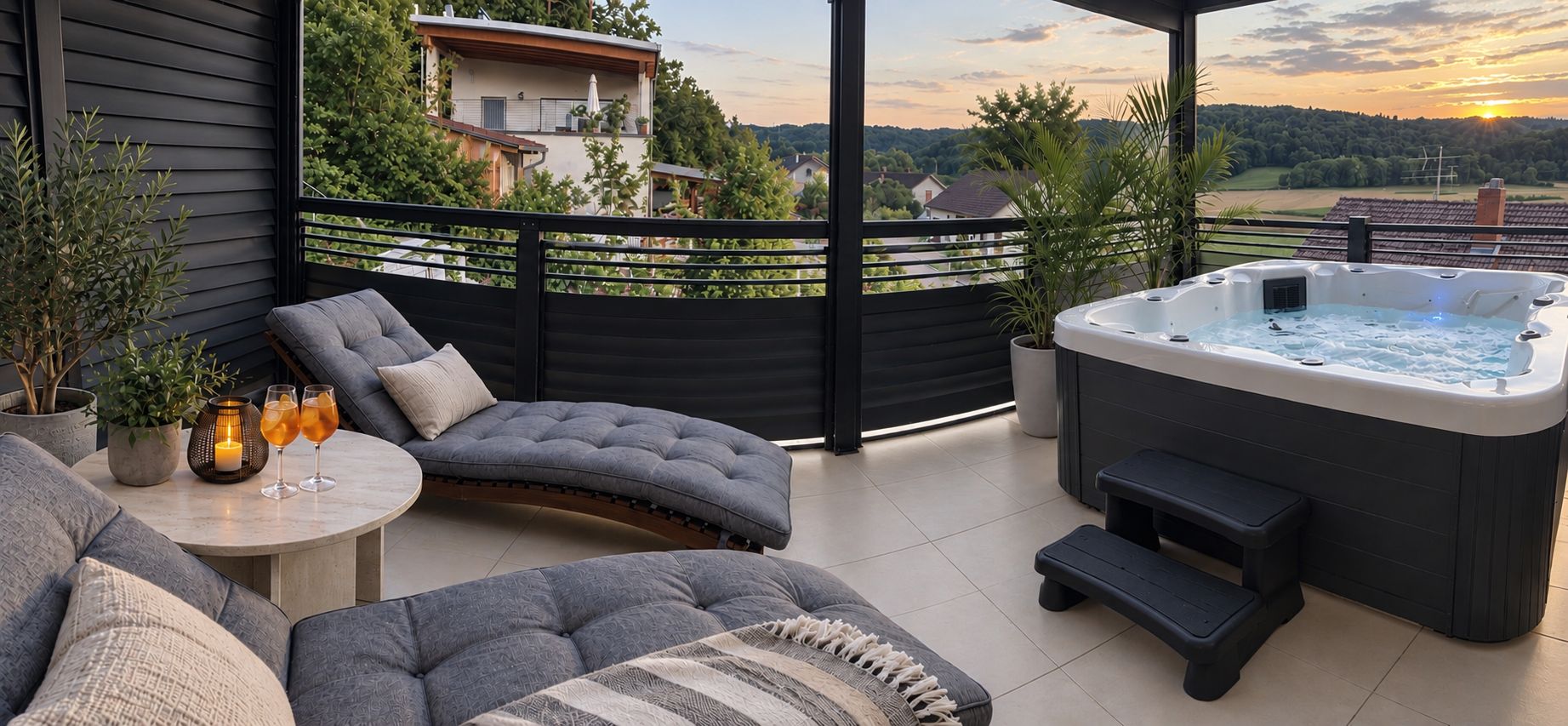 A modern outdoor seating area with a hot tub, cushioned seating, and a view of the surrounding landscape.