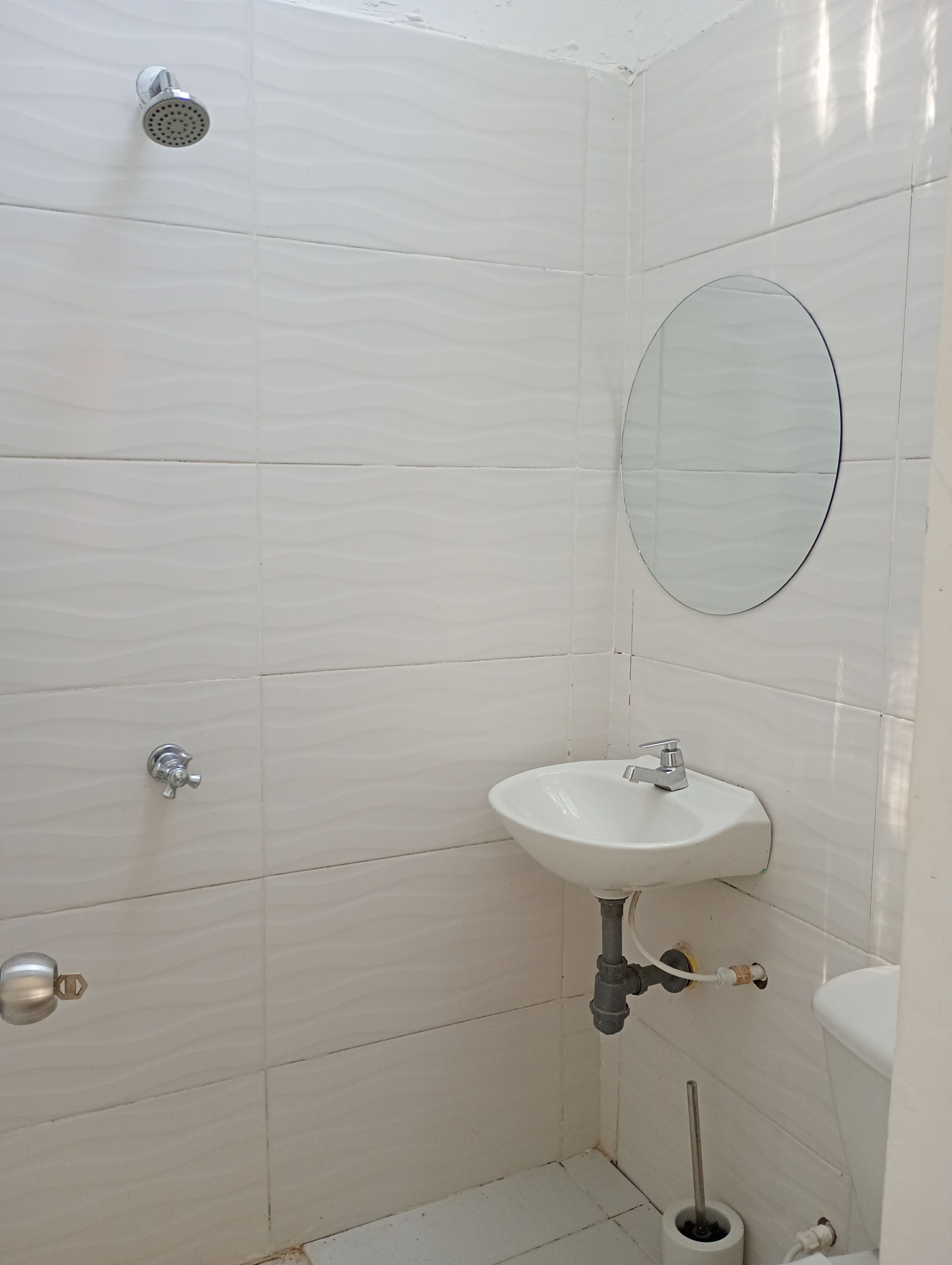 A bathroom with a shower, a sink, and a mirror.