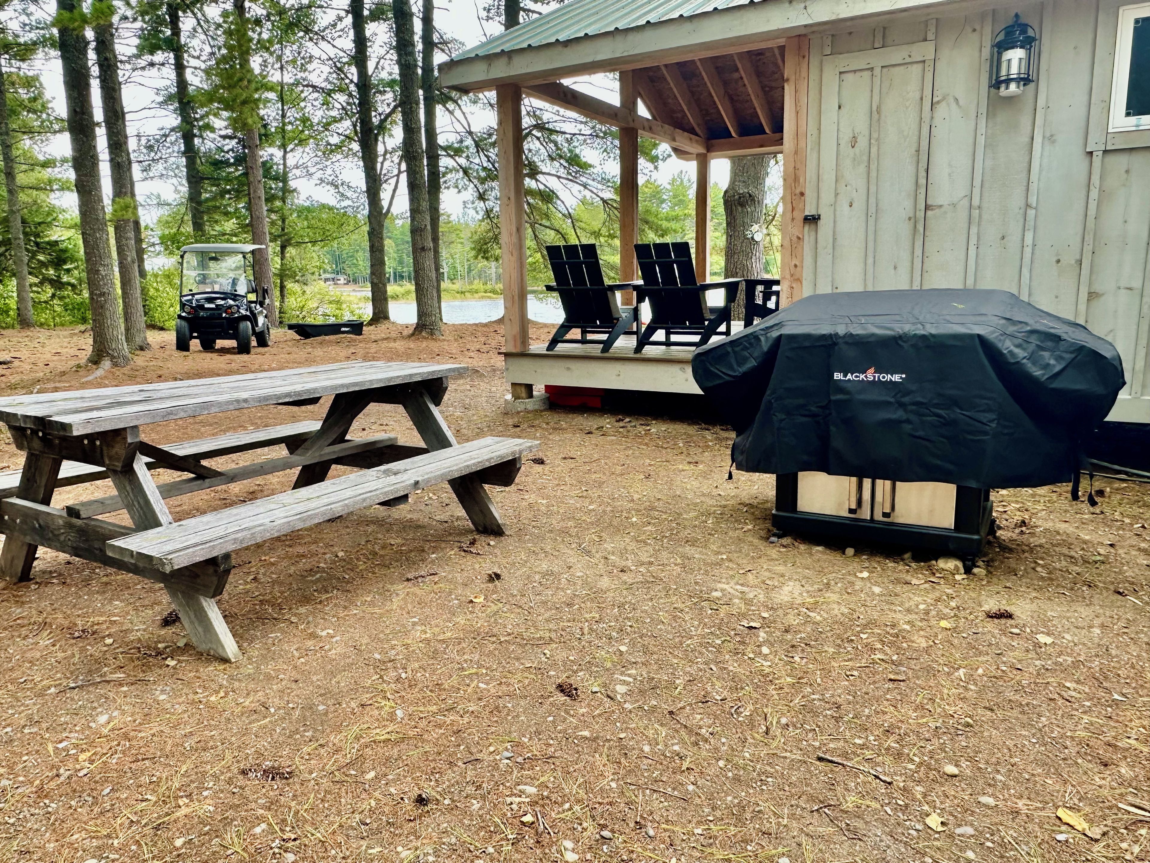 Un espacio de descanso al aire libre con mesas de picnic y una parrilla.