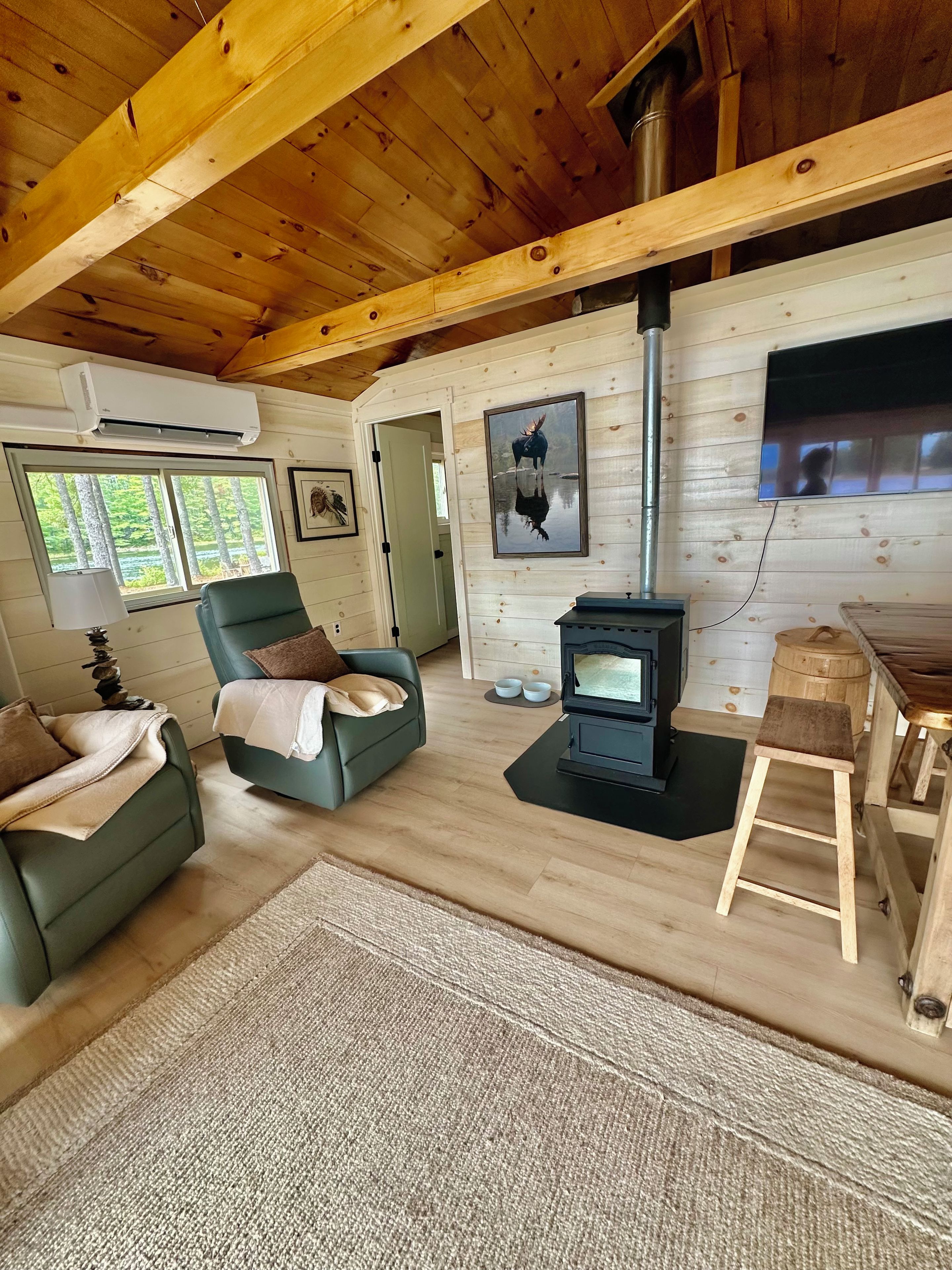 A cozy cabin interior with a fireplace, a green sofa, and a television.