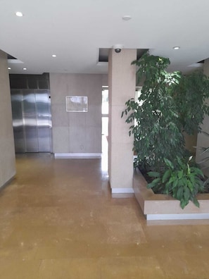Een ruime lobby met een grote potplant, een stalen lift en een eenvoudige muur met een bordje.