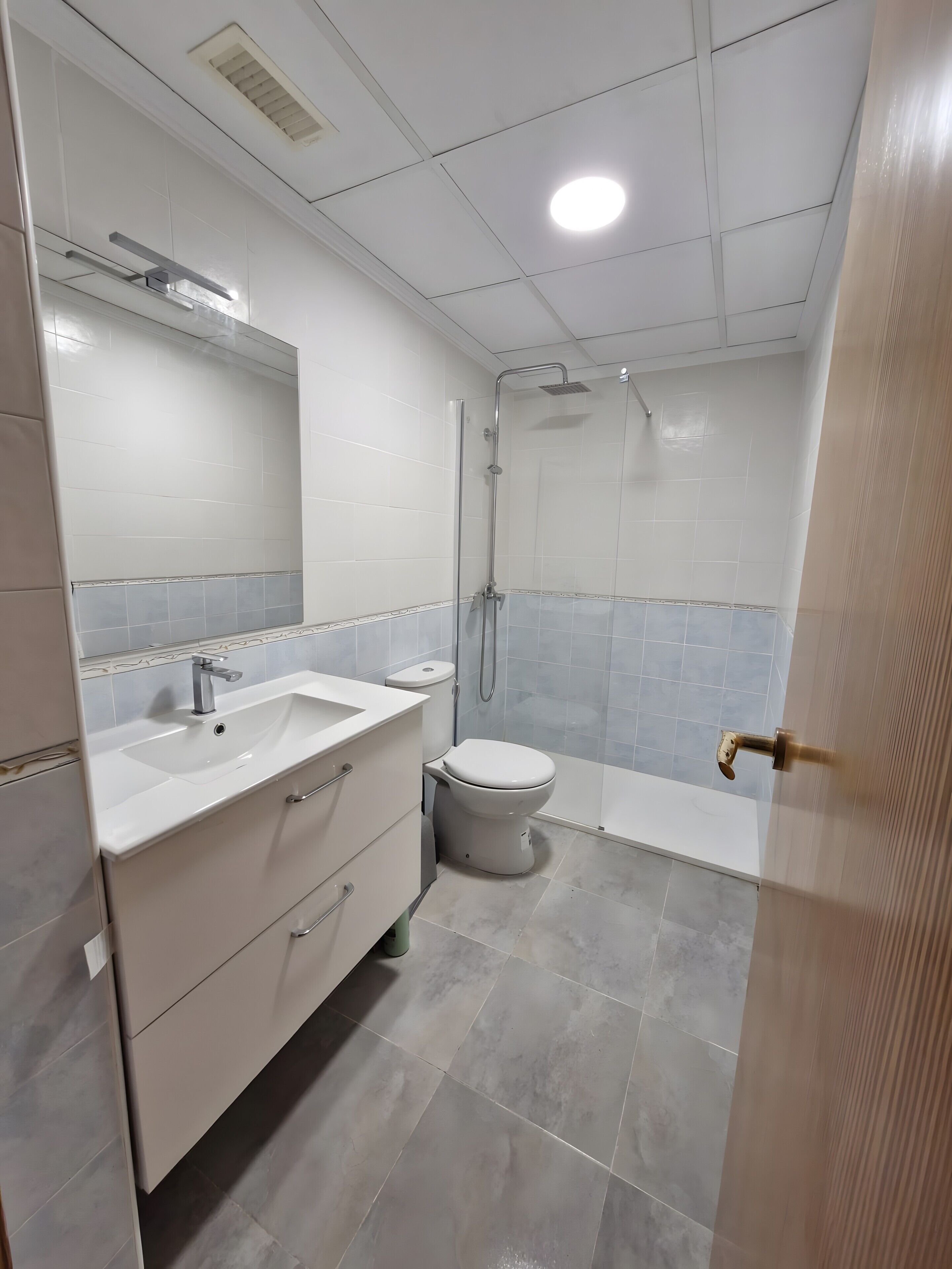 Une salle de bain avec un lavabo, des toilettes et une douche.