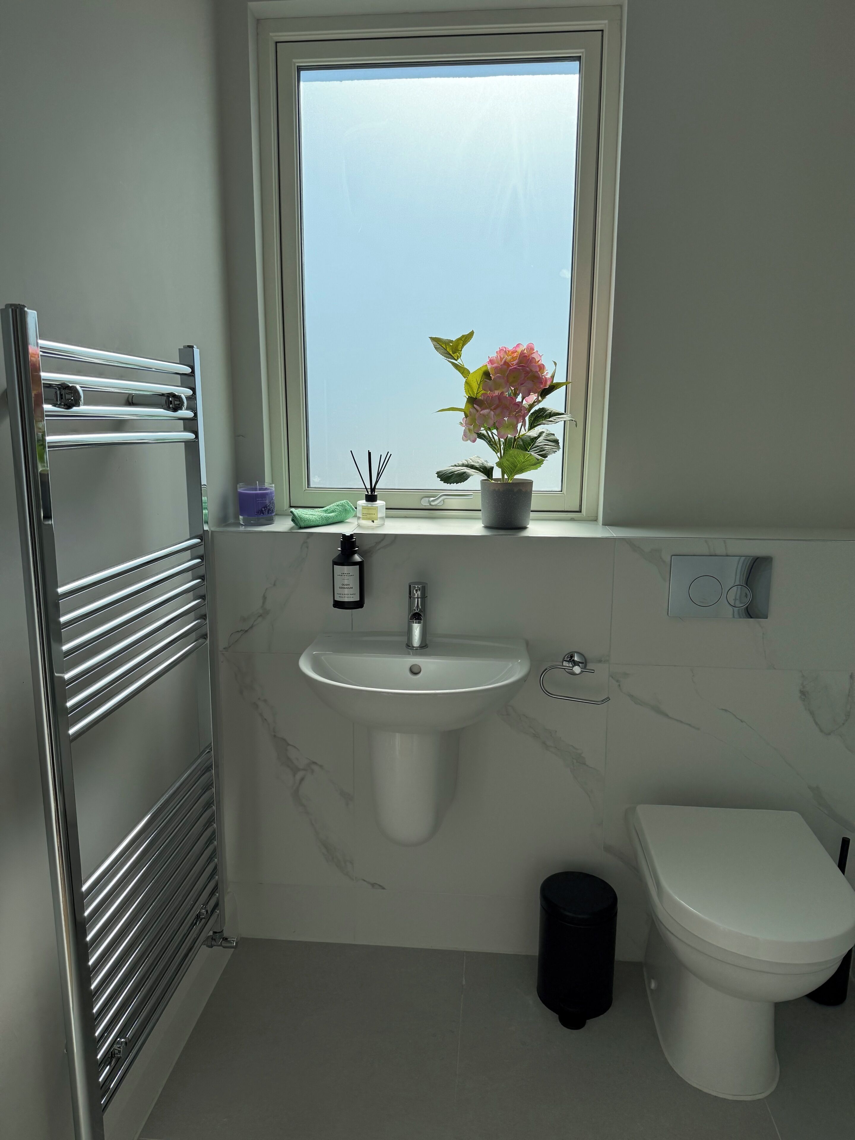 A bathroom with a white sink, a toilet, a window with a view, a towel rack, and a potted plant.