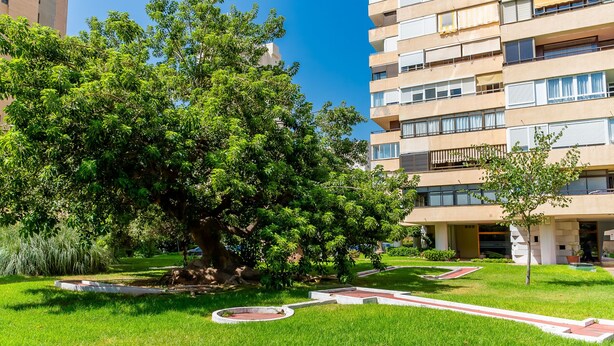 A residential building with a well-maintained garden, including a large tree and a paved pathway. - Cubo's Playamar Beach Apartment / communal pool / terrace / air conditioning / free Wi-Fi (Torremolinos)