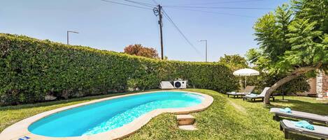 Ein Schwimmbecken mit geschwungener Kante, umgeben von gepflegtem Rasen und einer Hecke.