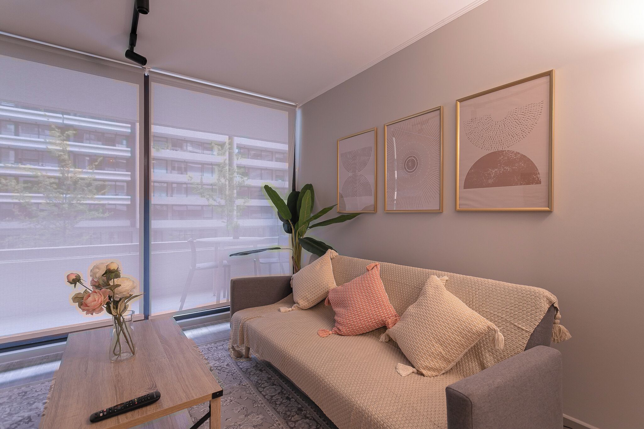 A living room with a sofa, a coffee table, and a plant. There are framed artworks on the wall.