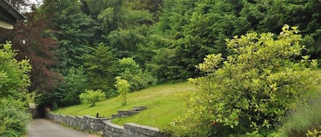 Ein Weg führt in ein bewaldetes Gebiet, begleitet von einer Steinmauer auf der einen Seite und einem Gebäude links.