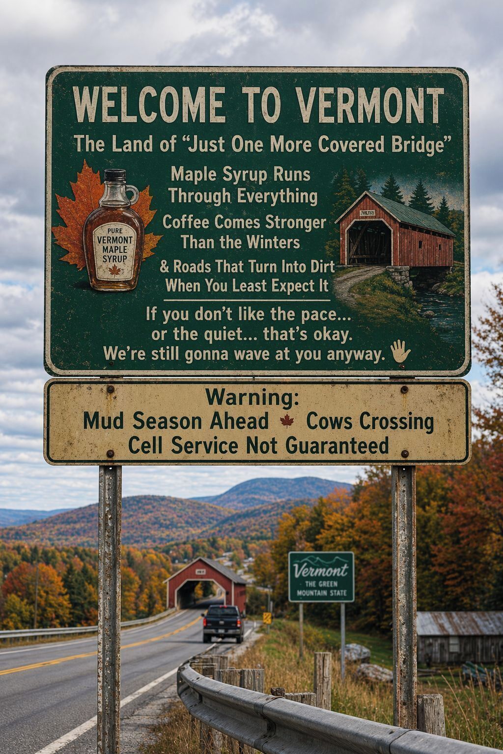 A welcome sign to Vermont with a maple syrup bottle and a wooden bridge illustration.