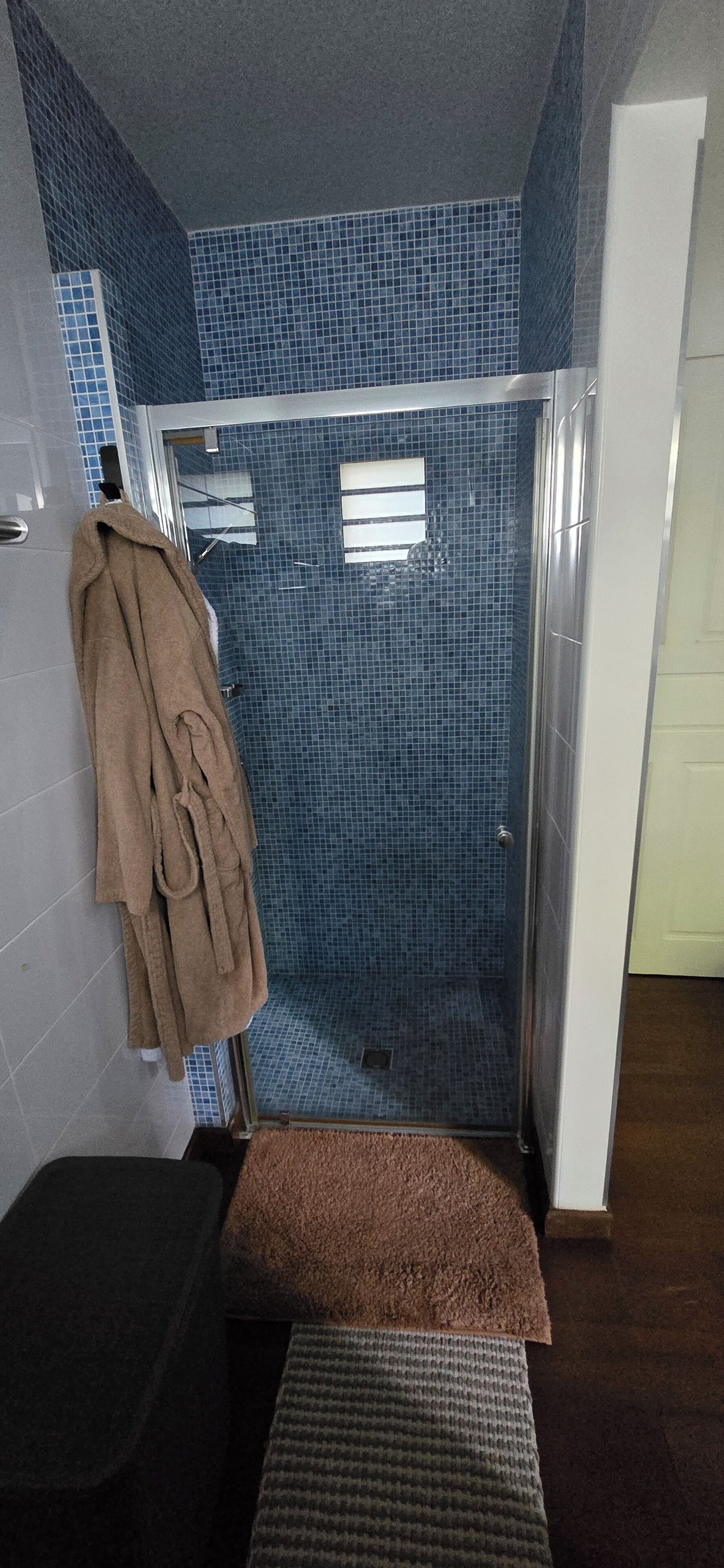 Une salle de bain avec une douche, un porte-serviettes et un banc.
