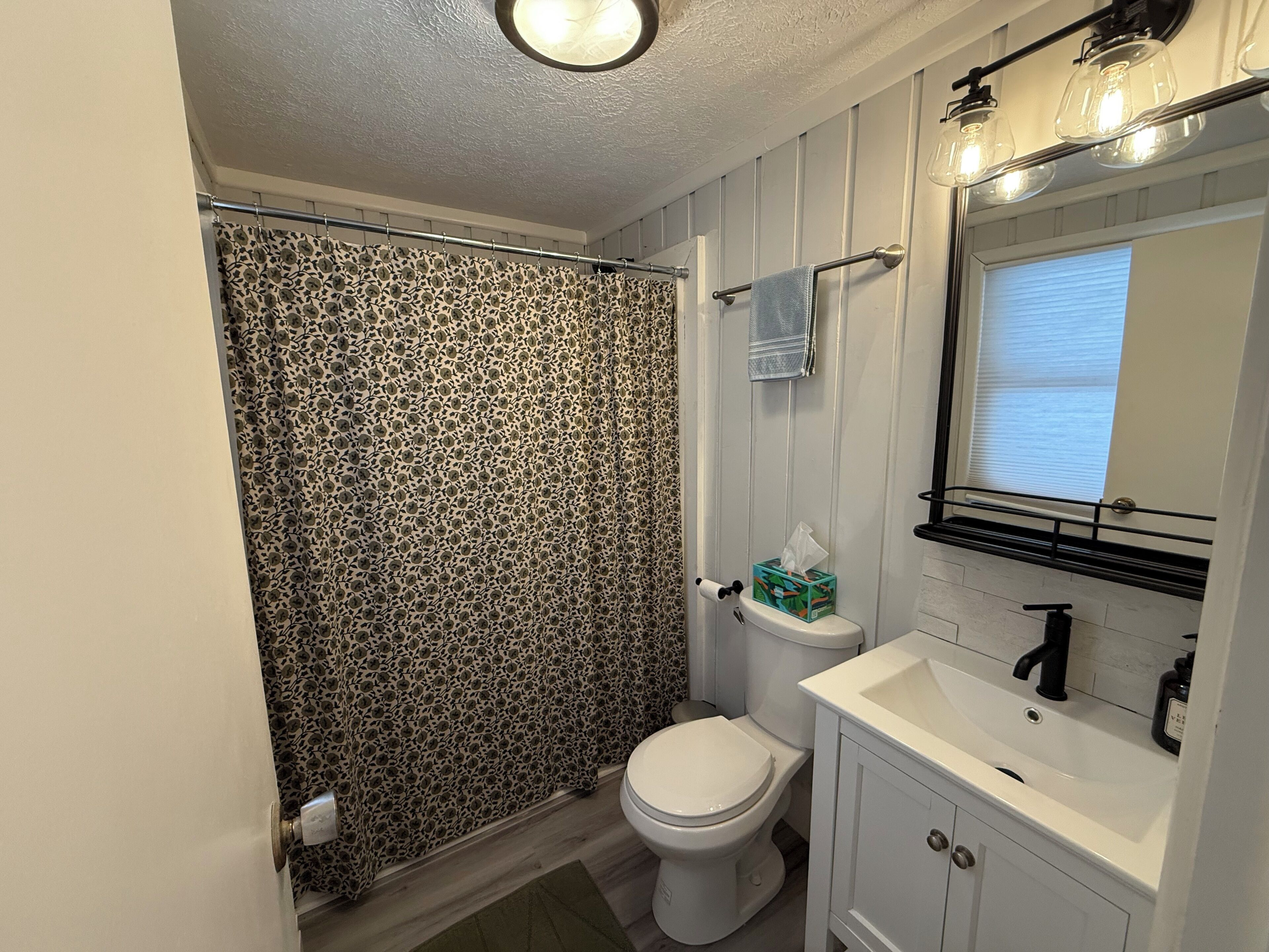 Hair dryer, towels, soap, toilet paper