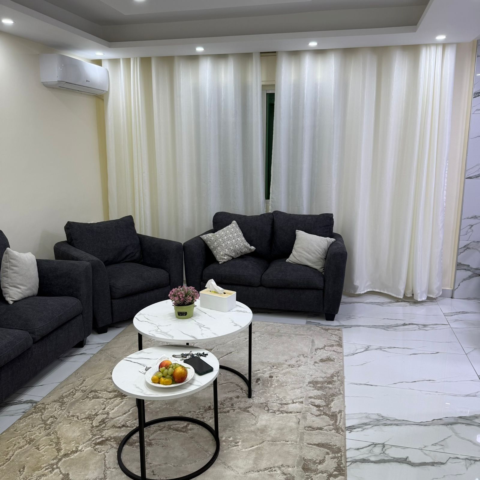 A modern living room with a sectional sofa, a marble coffee table, and a potted plant.