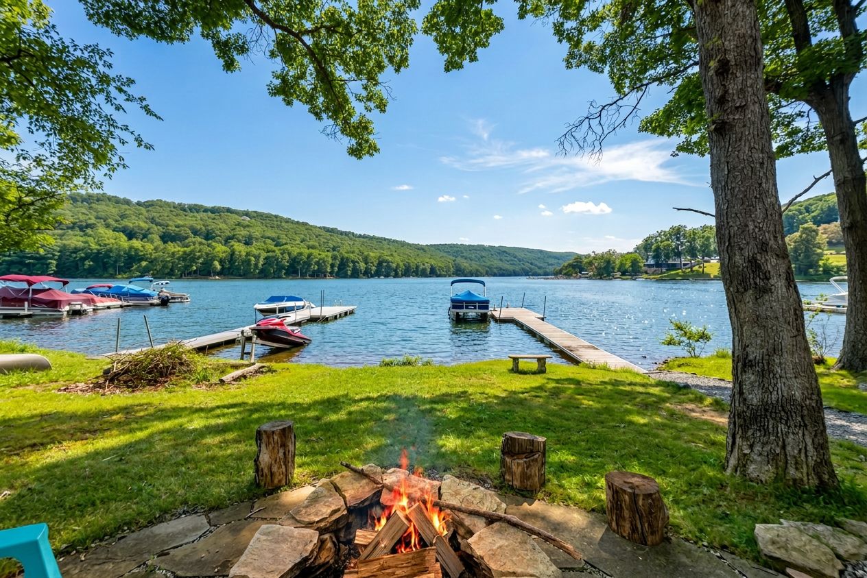 A lakeside view with a fire pit, docked boats, and a grassy area.