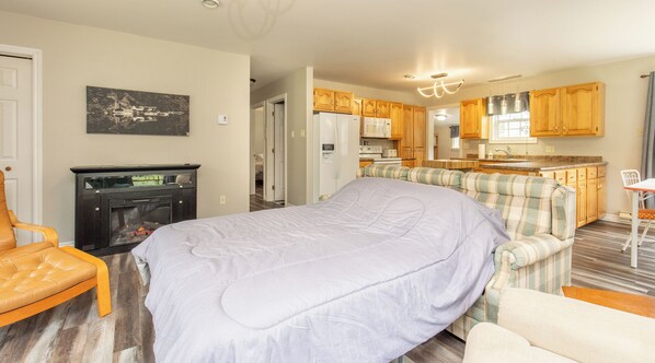 A cozy room with a bed, a fireplace, a sofa, and a kitchenette.