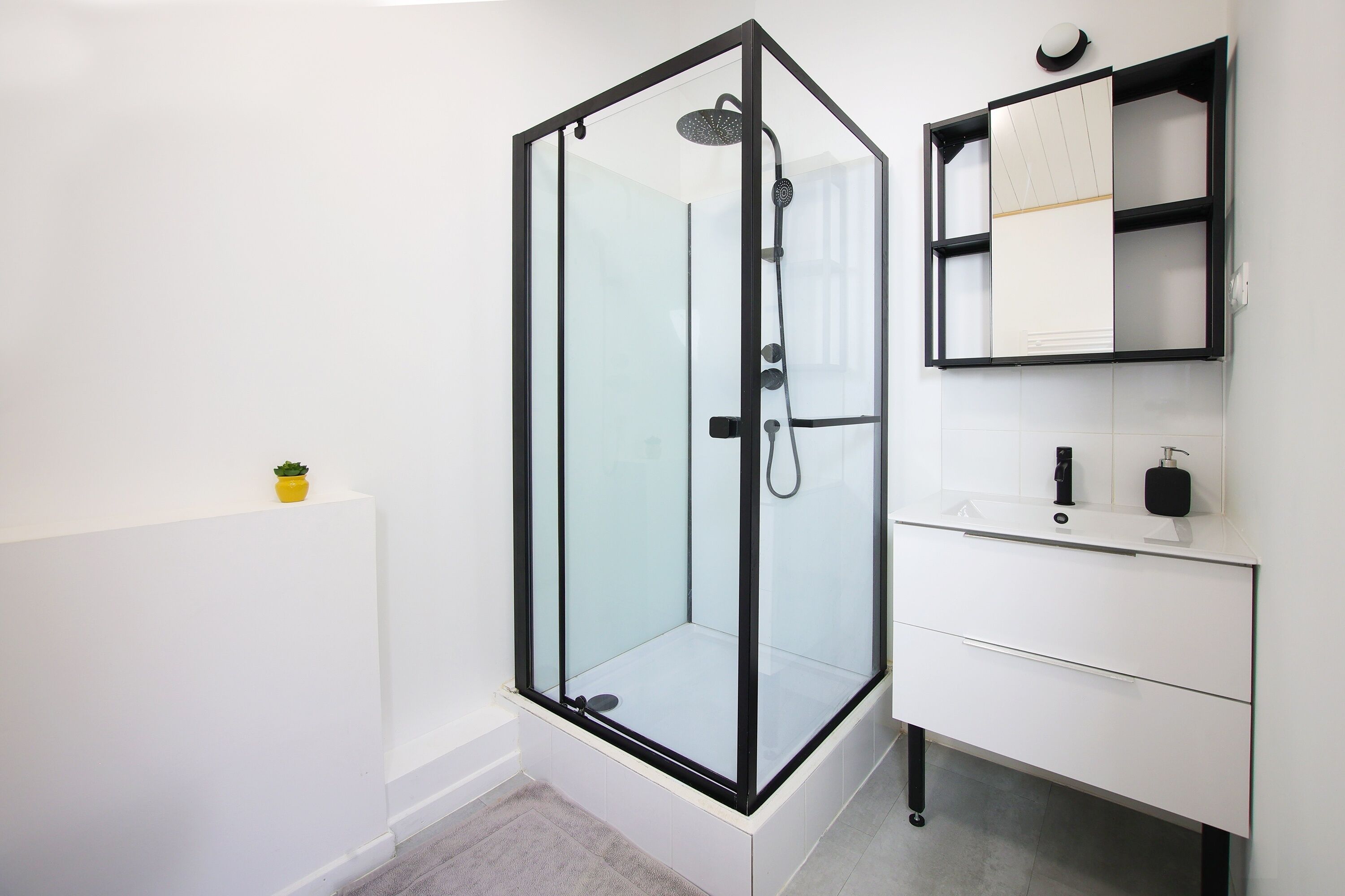 A modern bathroom with a glass-enclosed shower, a white vanity with a mirror, and a small potted plant.