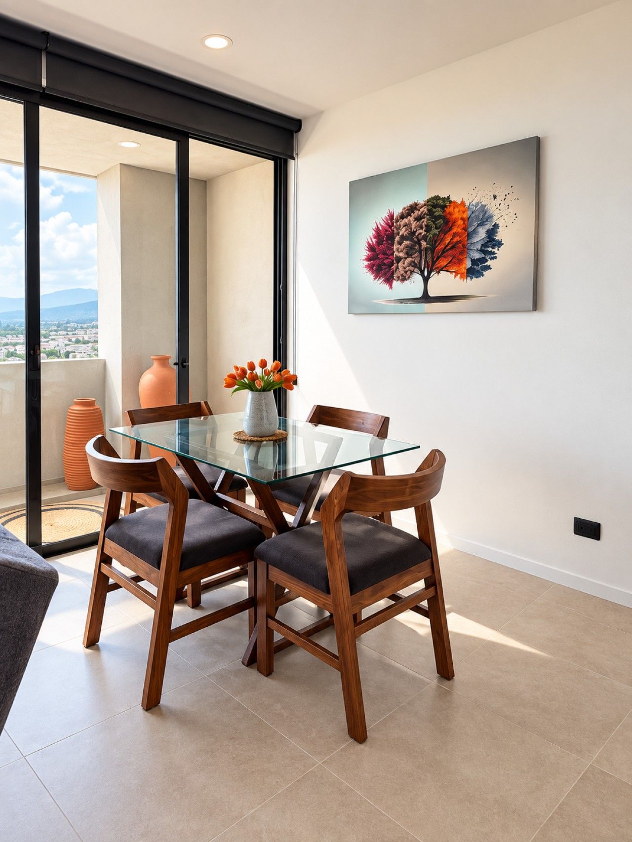A modern dining area with a glass table, wooden chairs, and a vase of orange flowers.
