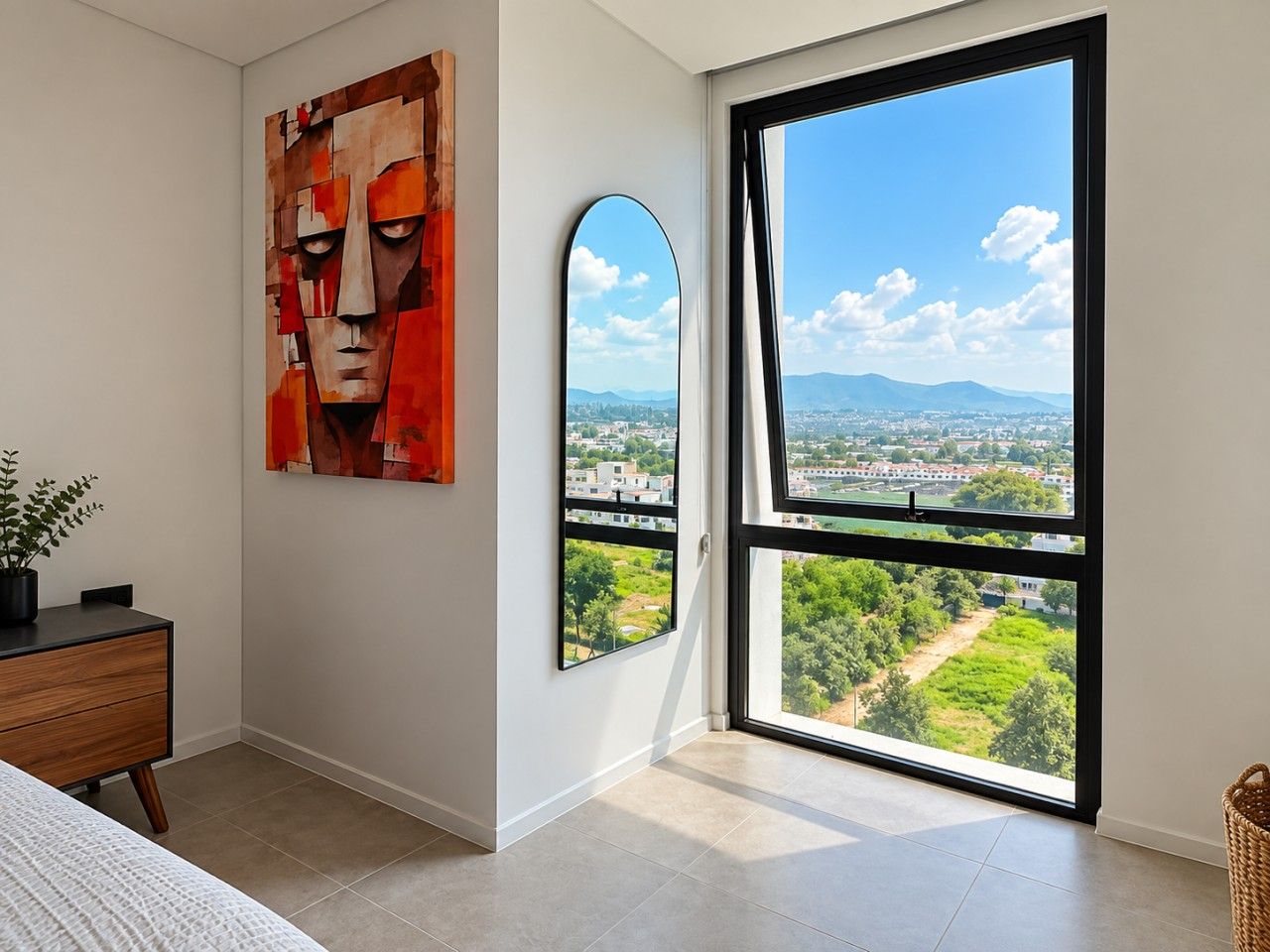 Ein Schlafzimmer mit großem Fenster, einem Gemälde und Blick auf eine Stadtlandschaft.
