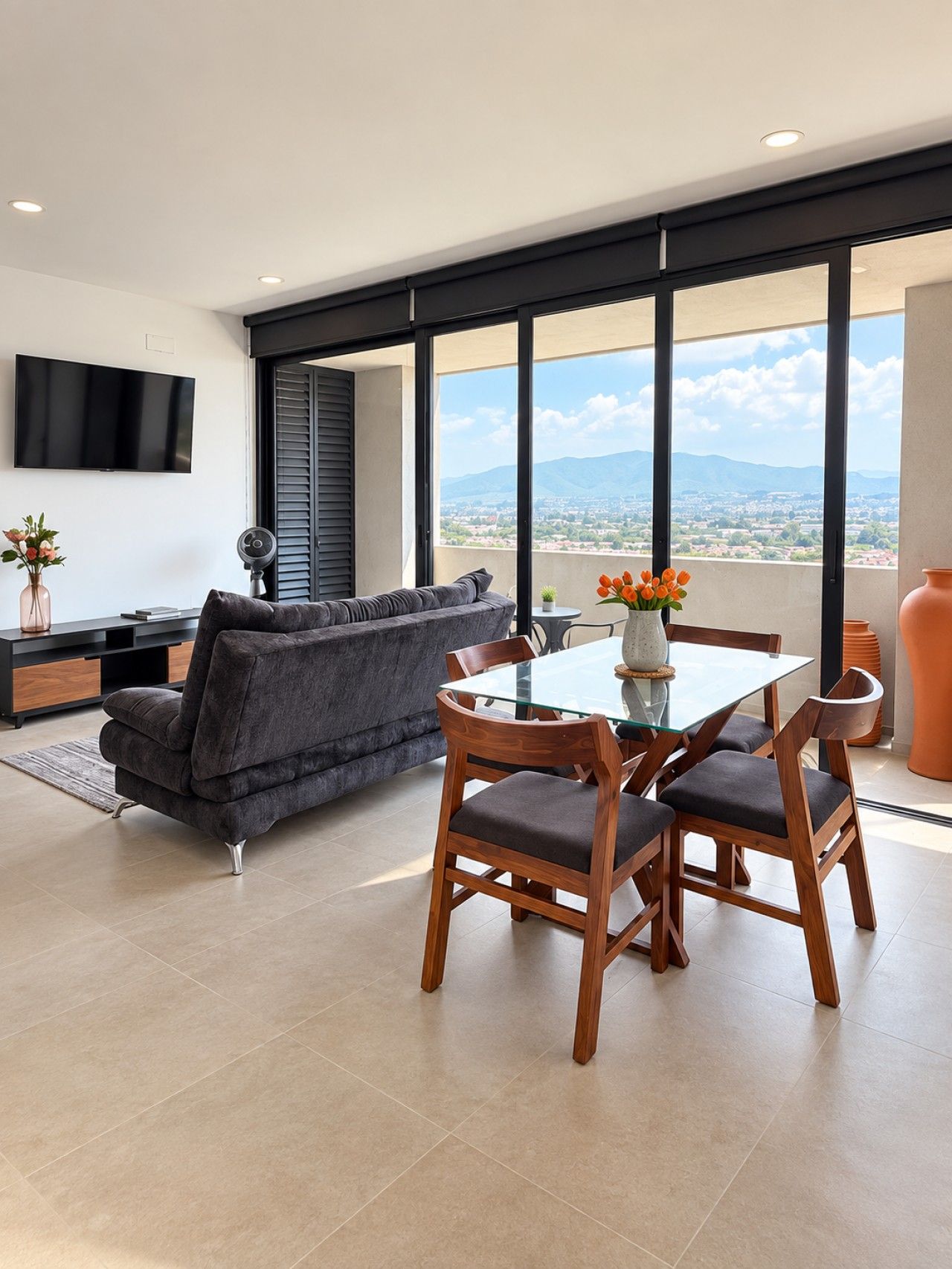 Ein modernes Wohnzimmer mit einer Couch, einem Glastisch mit Stühlen, einem flachen Bildschirm an der Wand und einem großen Fenster mit Blick auf die Stadt.