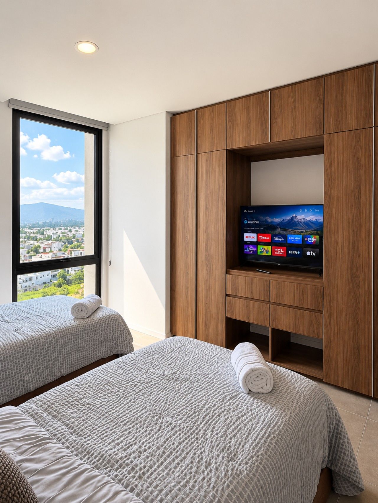 A hotel room with two beds, a TV on a wooden cabinet, and a window with a city view.