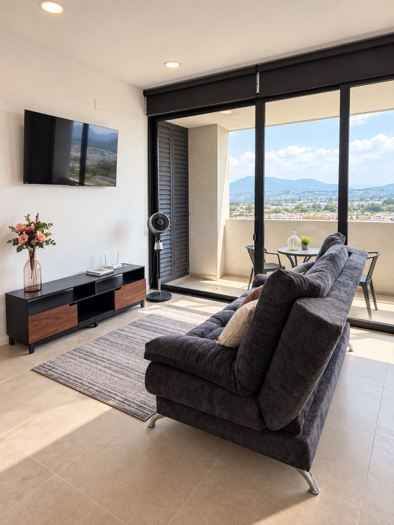 Ein modernes Wohnzimmer mit einer Couch, einem Flachbildfernseher, einem Konsolentisch und einem Balkon mit Aussicht.