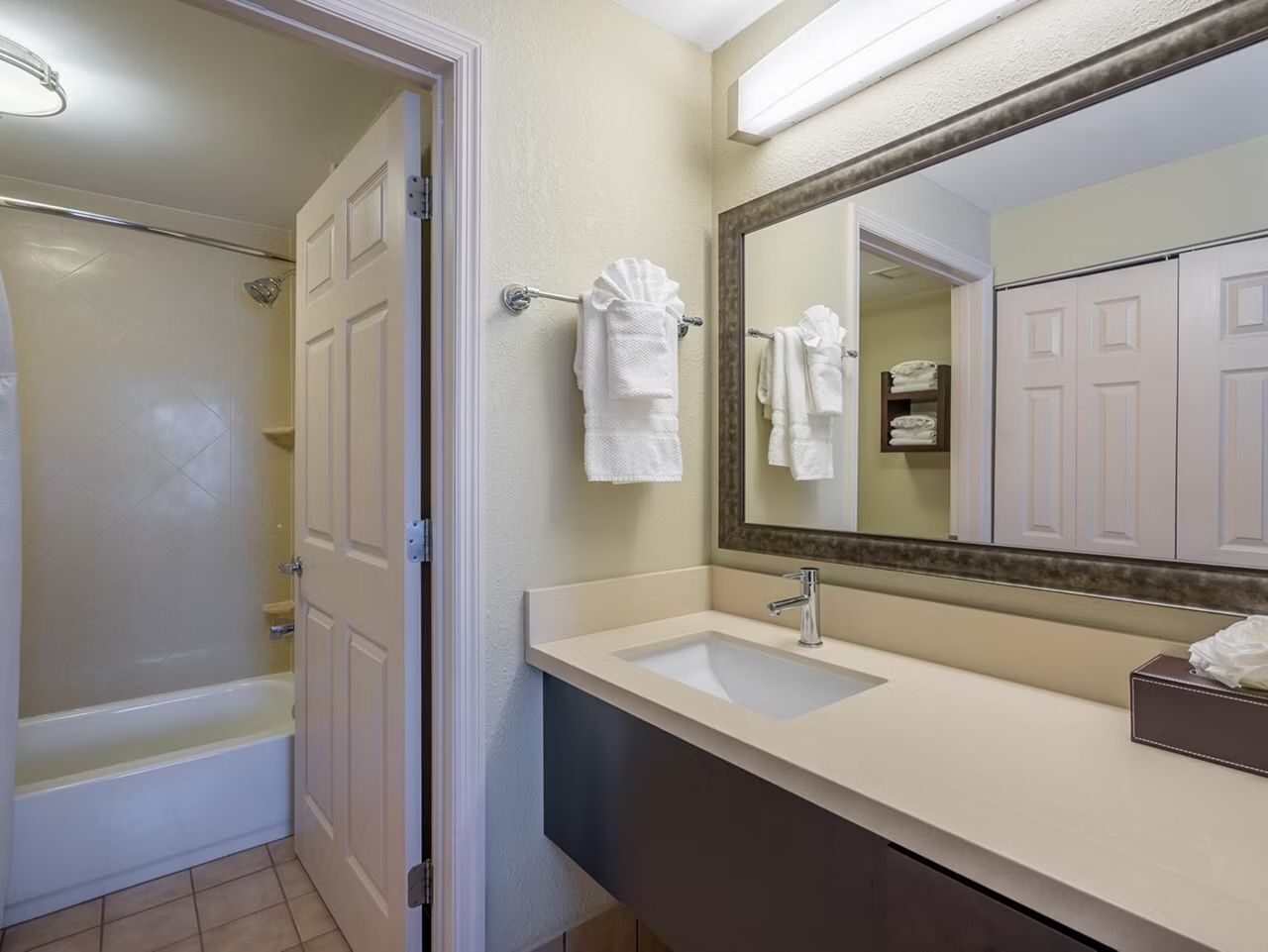 Hair dryer, towels, soap, shampoo