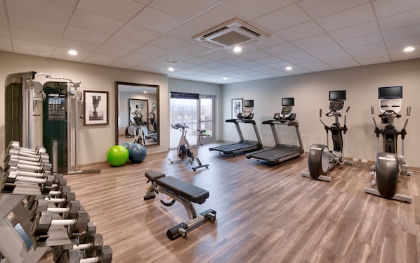 A gym with treadmills, elliptical machines, a bench, and weightlifting equipment.